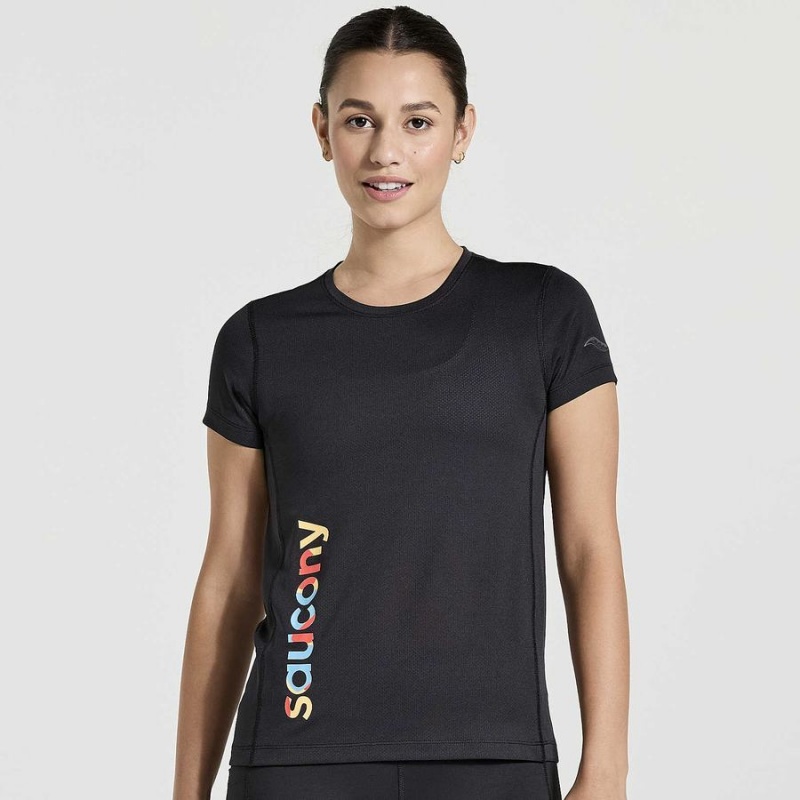 Camiseta Saucony Stopwatch Gráficas Curta Sleeve Feminino Pretas | Portugal S31970-D76