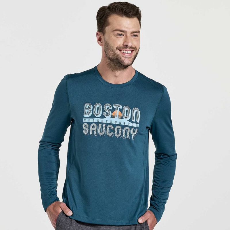 Camiseta Saucony Stopwatch Gráficas Long Sleeve Masculino Azuis | Portugal S41326-R78